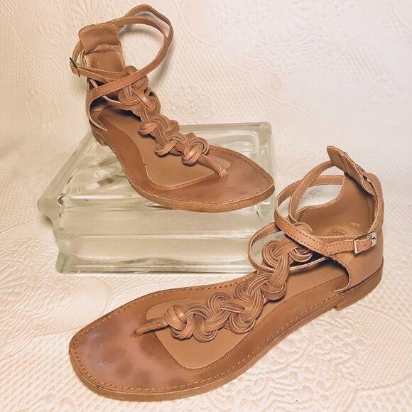 SIGERSON MORRISON tan ankle strap flat sandal 8 - Picture 1 of 7